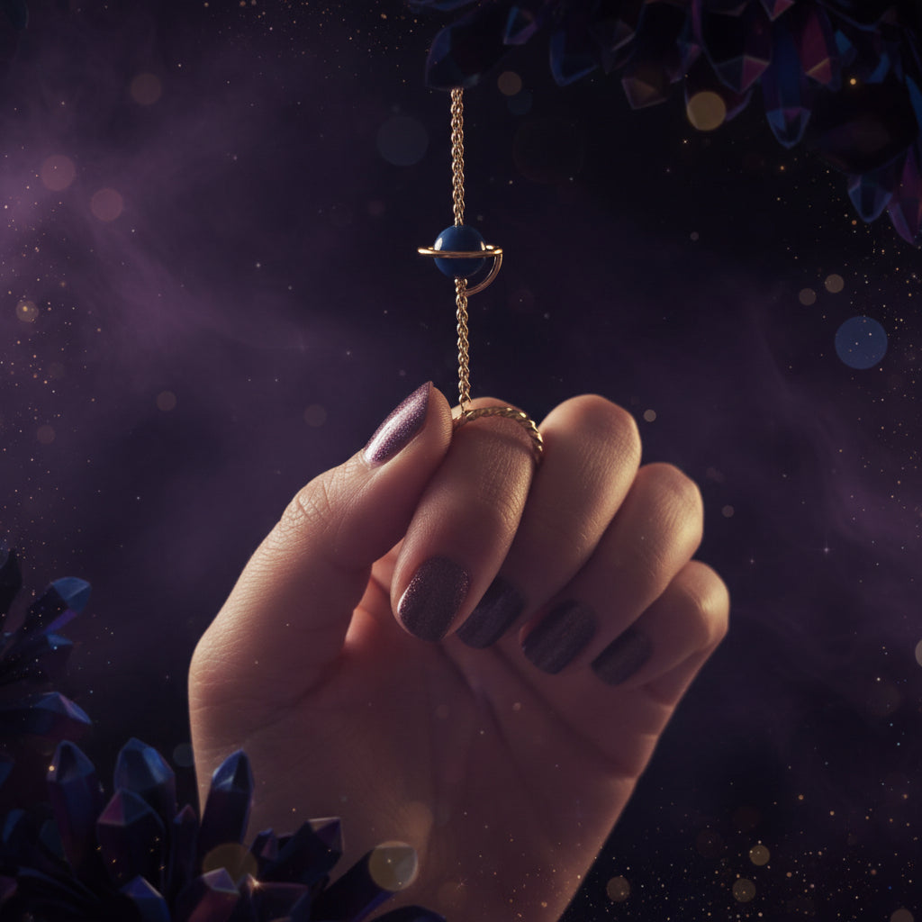Hand holding a small blue stone on a string against a blurred green background