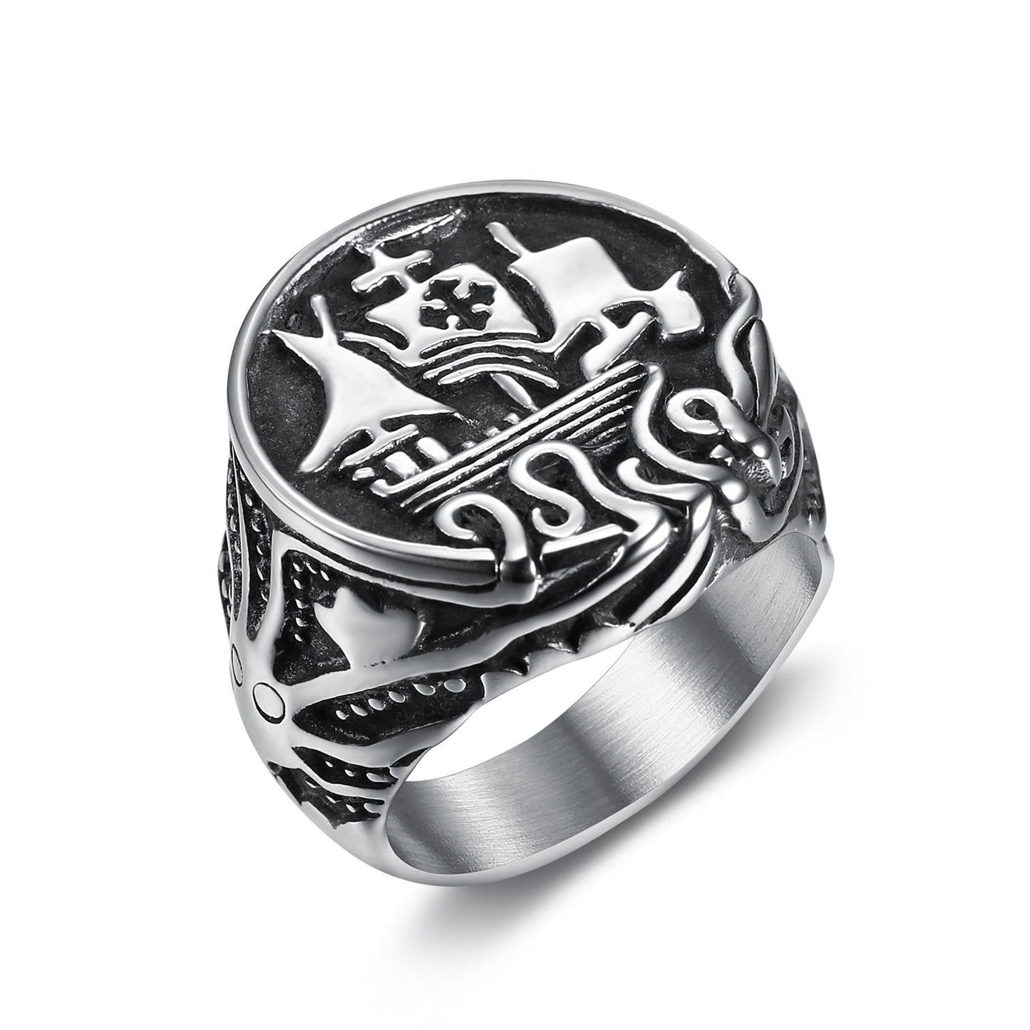 Masonic Sailboat Ring, Stainless Steel Viking Band