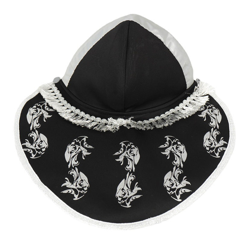 Black hood with white embroidery on a white background