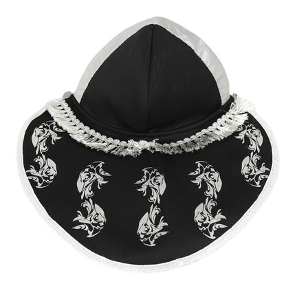 Black hood with white embroidery on a white background