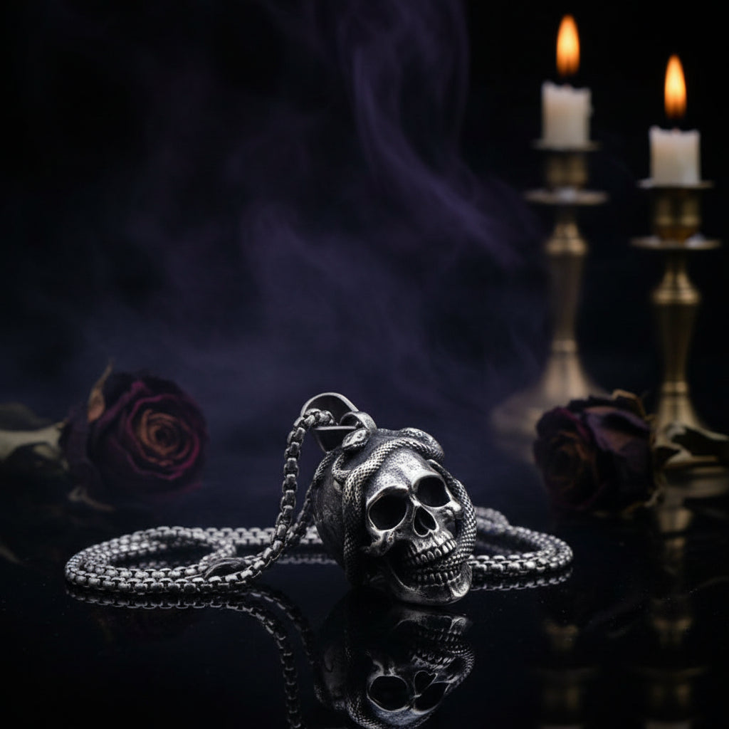 Stainless Steel Snake Head Skull Pendant Necklace Sorceress Sanctuary