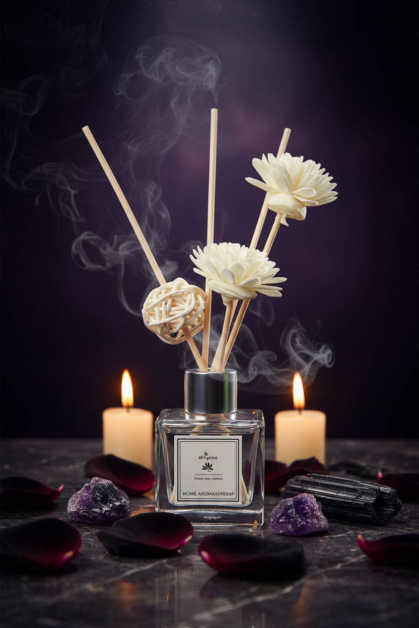 Reed diffuser with floral elements on a white background