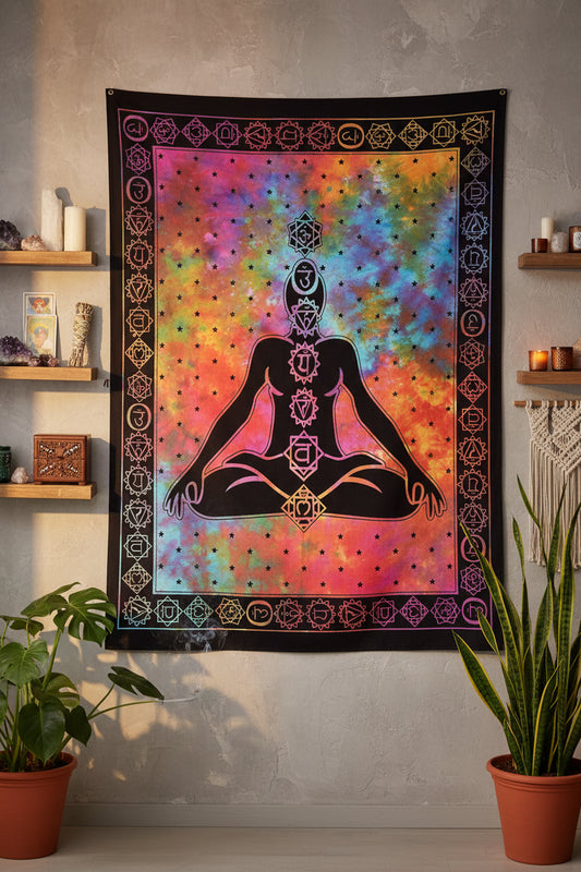 Tapestry with a meditating figure silhouette on a colorful tie-dye background