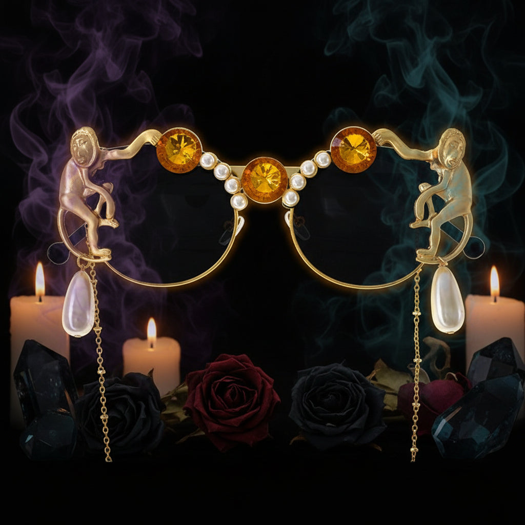 Decorative sunglasses with gold monkey figures, amber stones, and pearl accents on a white background