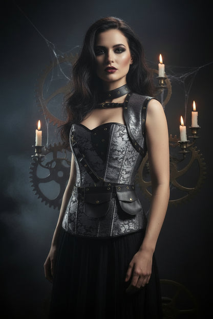 Steampunk-style corset with intricate details on a white background