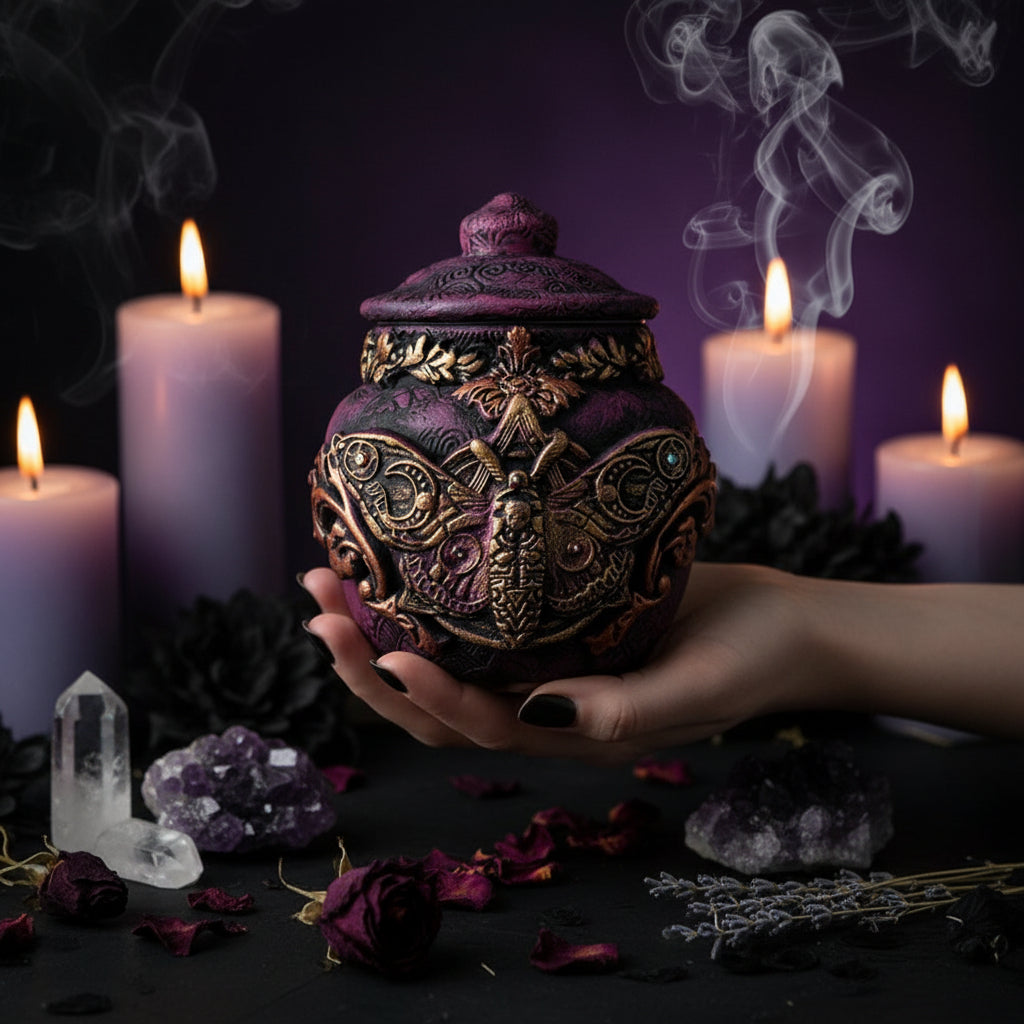 Decorative purple and gold jar with intricate designs held by a hand against a white background with greenery.