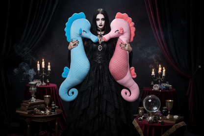 Woman holding a large blue and pink seahorse plush toy in a room with a table and shelves.