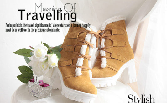 Tan boots with white fur lining on a white surface with text about travel and flowers.