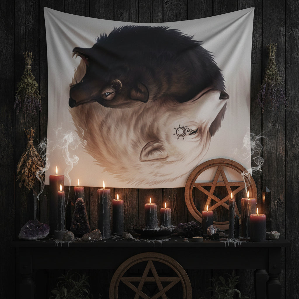 Yin Yang Wolf Tapestry with Digital Print Design Sorceress Sanctuary