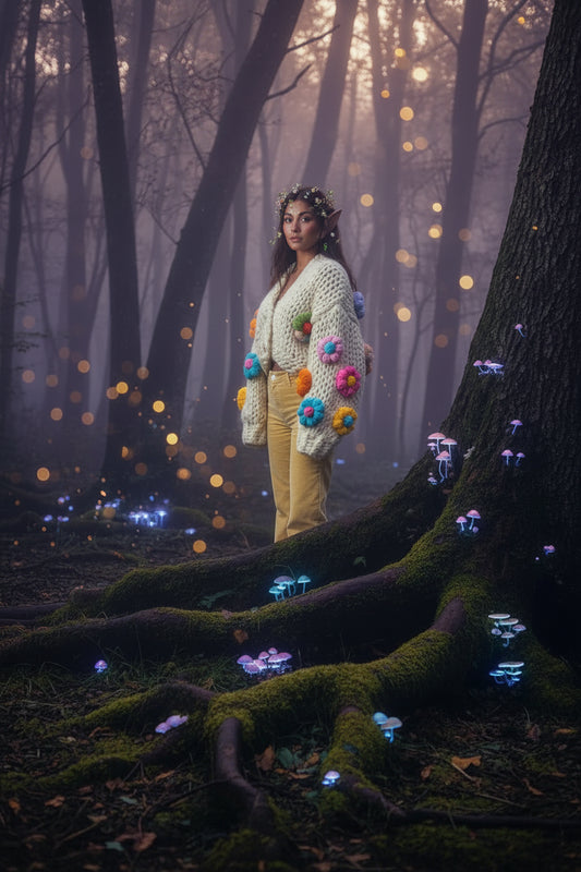 Person wearing a large, knitted sweater with colorful flower patterns outdoors.