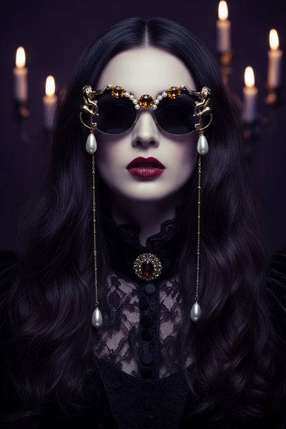 Decorative sunglasses with gold frames, gemstones, and pearl accents on a white background