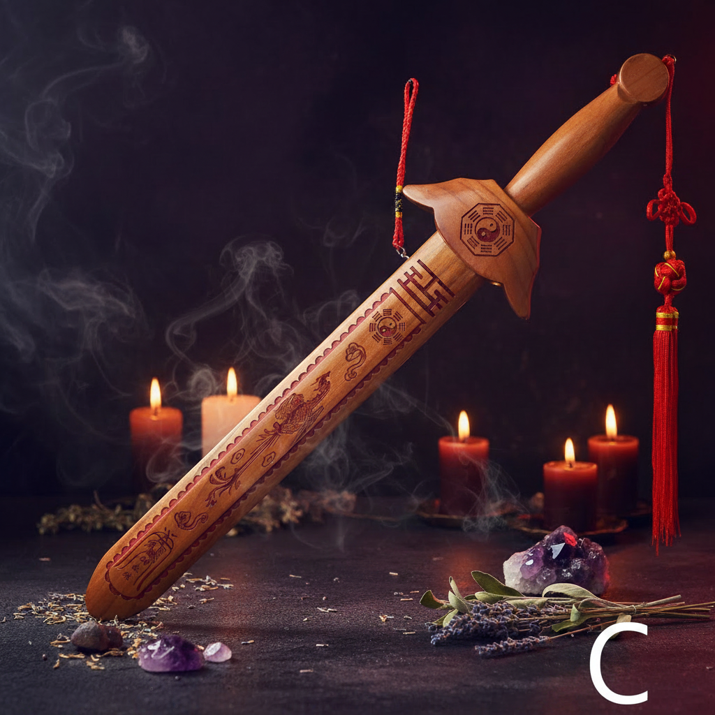 Wooden sword with decorative elements on a white background