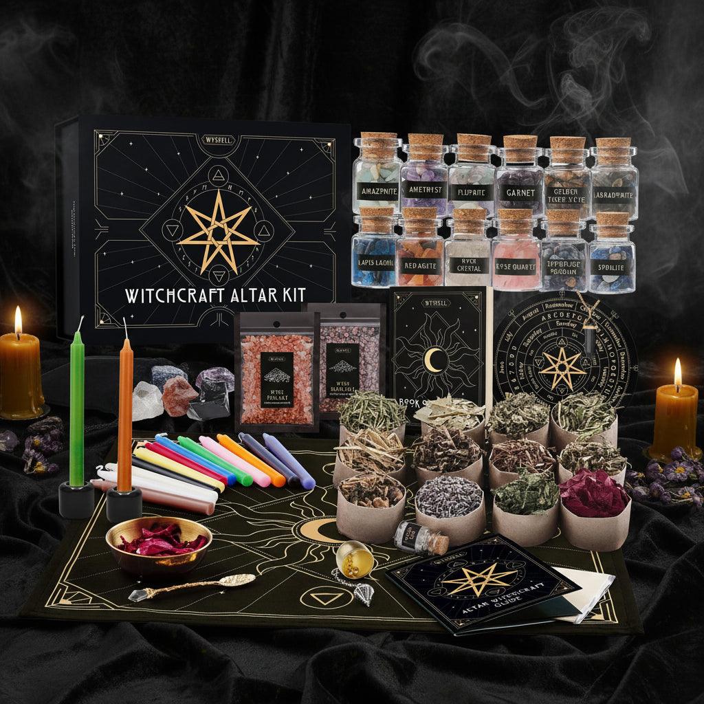 Witchcraft Altar Kit with various items including candles, crystals, and a black mat with star designs.