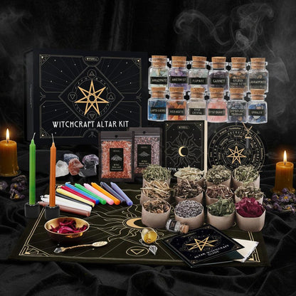 Witchcraft Altar Kit with various items including candles, crystals, and a black mat with star designs.