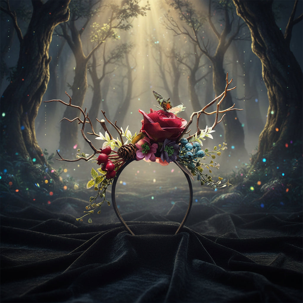 Exaggerated Christmas Antler Headband with Floral Accents Sorceress Sanctuary