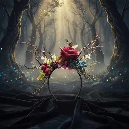 Exaggerated Christmas Antler Headband with Floral Accents Sorceress Sanctuary