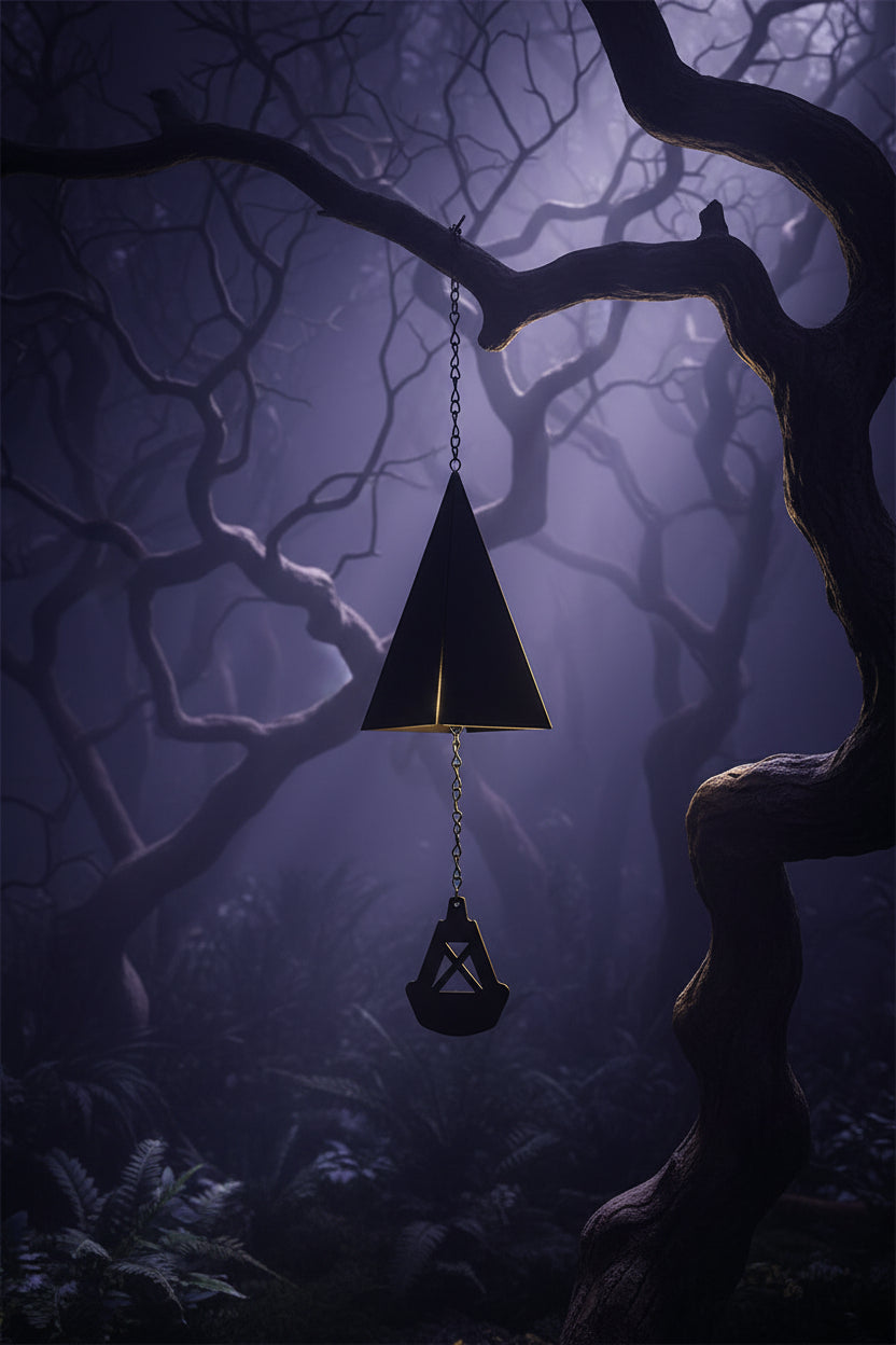 Black triangular object hanging from a tree with cars and a road in the background