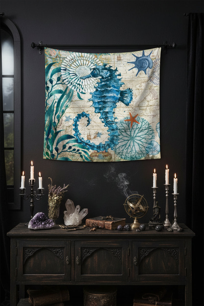 Digital Print Tapestry Wall Hanging with Seahorse Design Sorceress Sanctuary