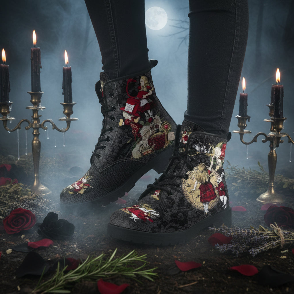 Black boots with intricate designs of a clock, rabbit, and other elements on a white background.