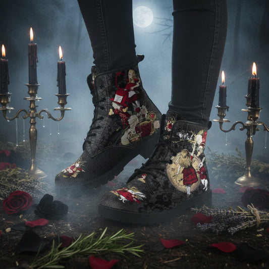 Black boots with intricate designs of a clock, rabbit, and other elements on a white background.