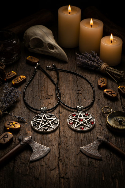 Two pentacle pendants with red stones on black cords against a white background