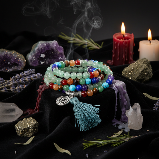 Multicolored beaded bracelet with tassel on a white background