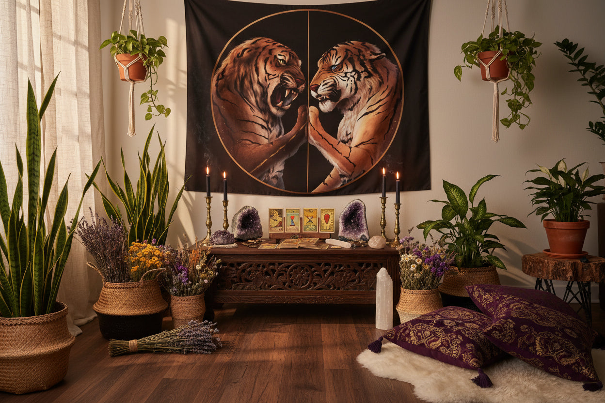 Tapestry with two roaring tigers on a black background, placed on a table with decorative items.