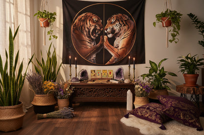 Tapestry with two roaring tigers on a black background, placed on a table with decorative items.