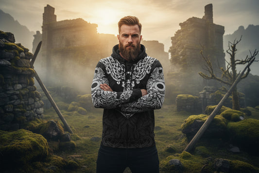 Black hoodie with white intricate designs and a prominent central emblem on a white background