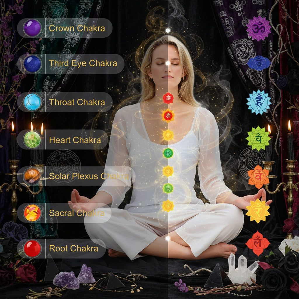 Woman in a yoga pose with chakra labels and illustrations on a gray background