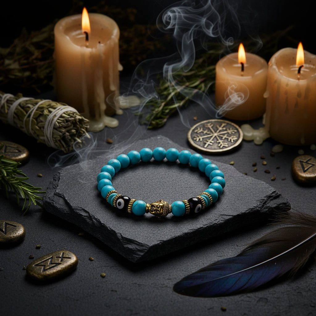 Turquoise beaded bracelet with gold and black accents on a white background