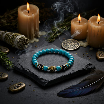 Turquoise beaded bracelet with gold and black accents on a white background