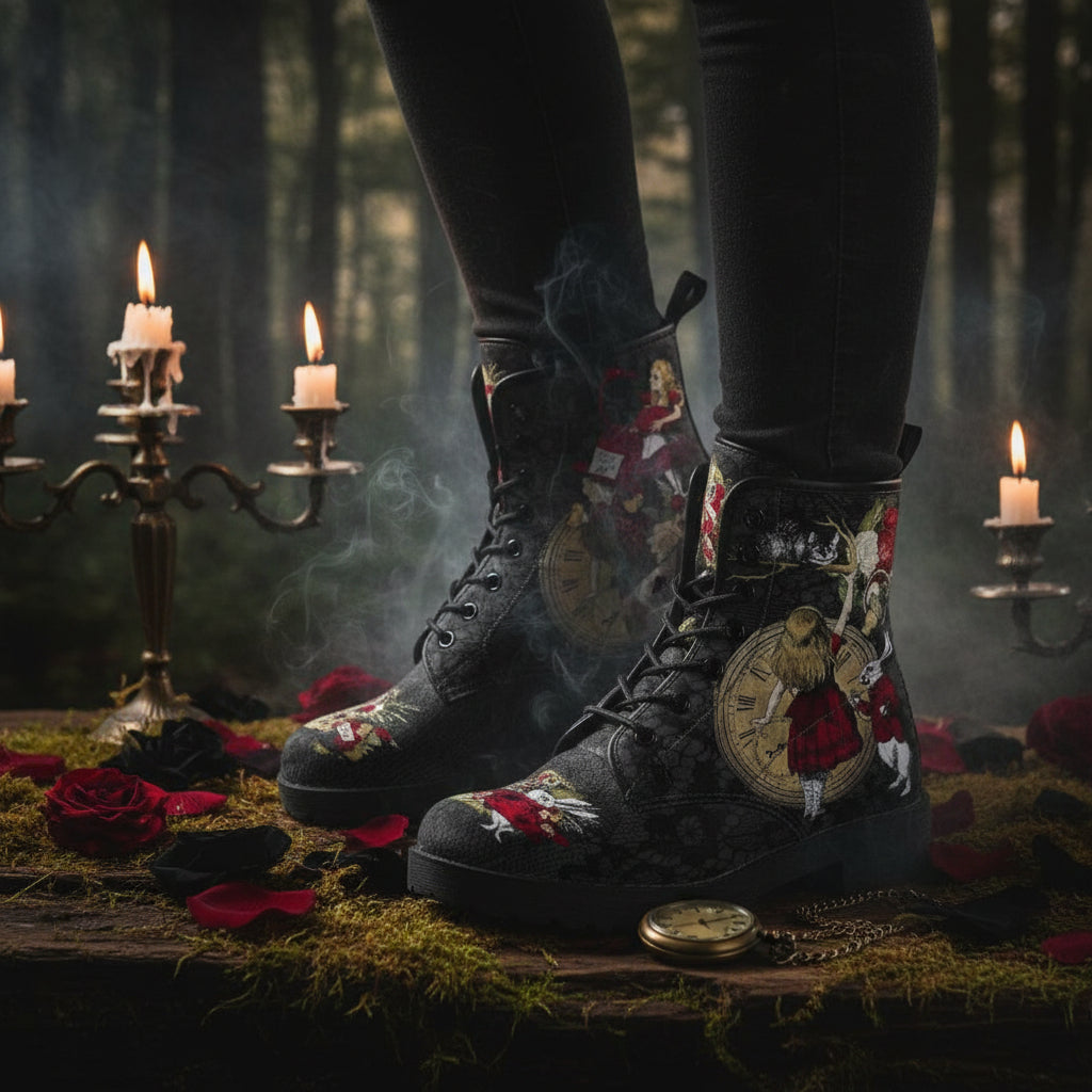 Black boots with intricate designs of a clock, rabbit, and other elements on a white background.
