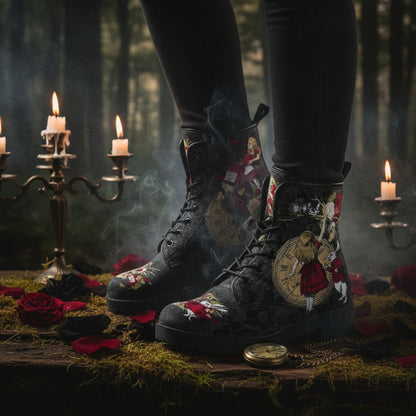 Black boots with intricate designs of a clock, rabbit, and other elements on a white background.
