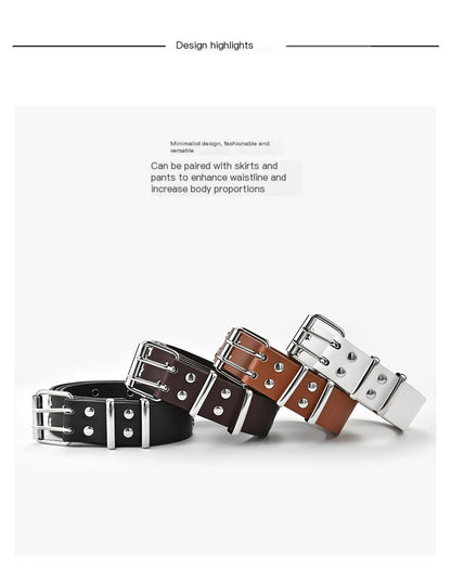 Three leather belts in black, brown, and silver on a white background