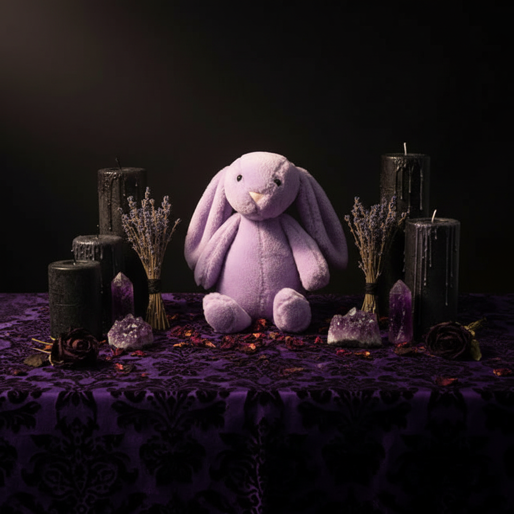 Purple plush bunny sitting on a beige couch with a blurred background