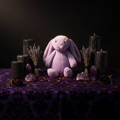 Purple plush bunny sitting on a beige couch with a blurred background