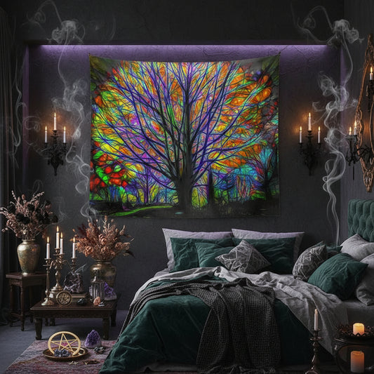 Colorful tapestry of a tree with vibrant leaves on a beige wall.