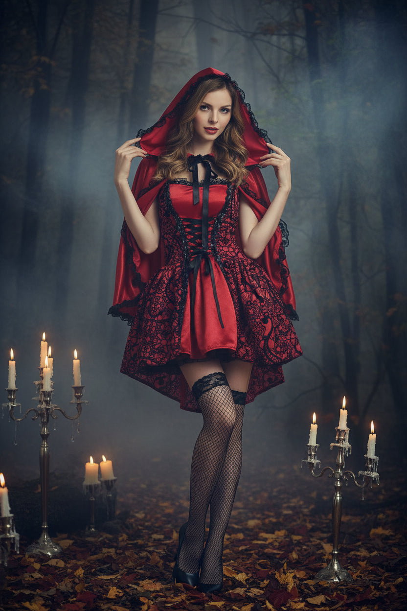 Woman wearing a red hooded costume with black lace details on a white background