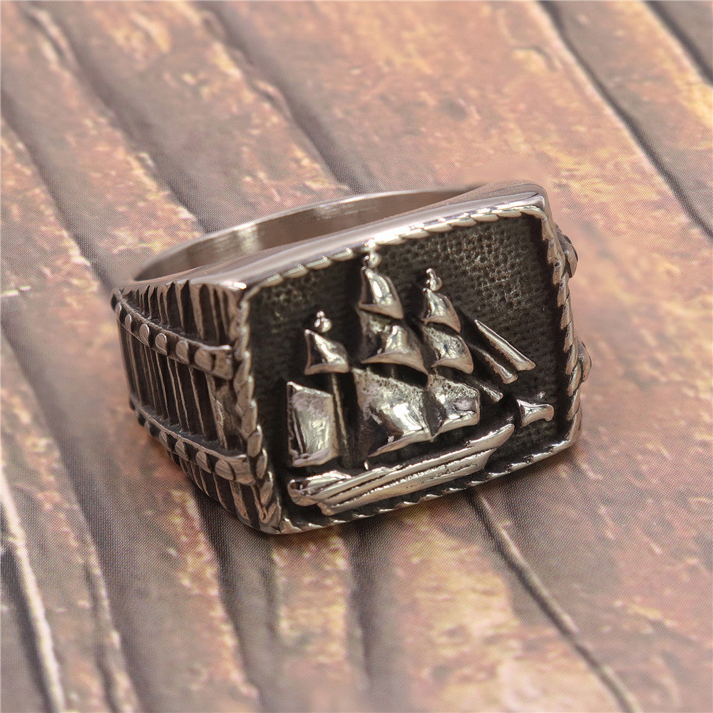 Masonic Sailboat Ring, Stainless Steel Viking Band