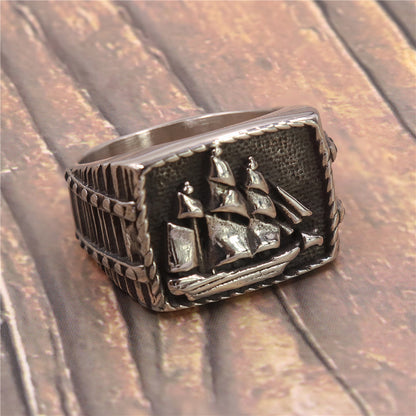 Masonic Sailboat Ring, Stainless Steel Viking Band