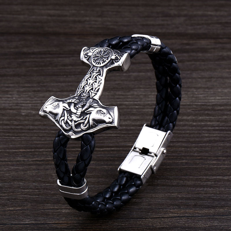Retro Viking Titanium Steel and Leather Bracelet