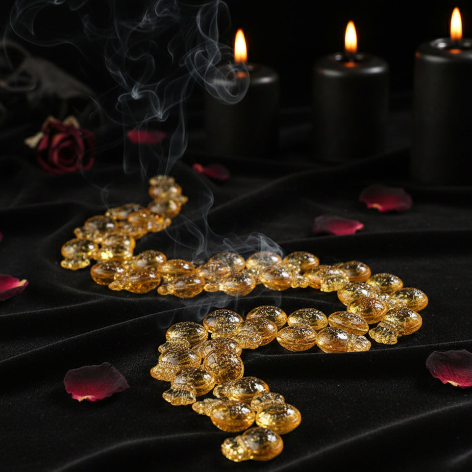 Yellow glass beads on a fabric surface with floral patterns