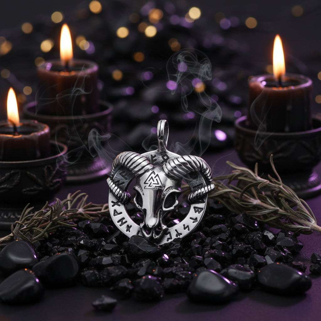 Silver ram's head pendant with engraved details on a wooden background