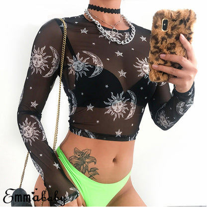 Gothic Long Sleeve Sheer Mesh Crop Top with Print