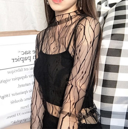 Sheer Lace Long Sleeve Crop Top Mesh Layering Piece