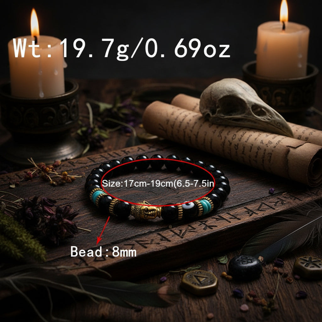 Black beaded bracelet with gold and blue accents, showing weight, size, and bead diameter on a white background.