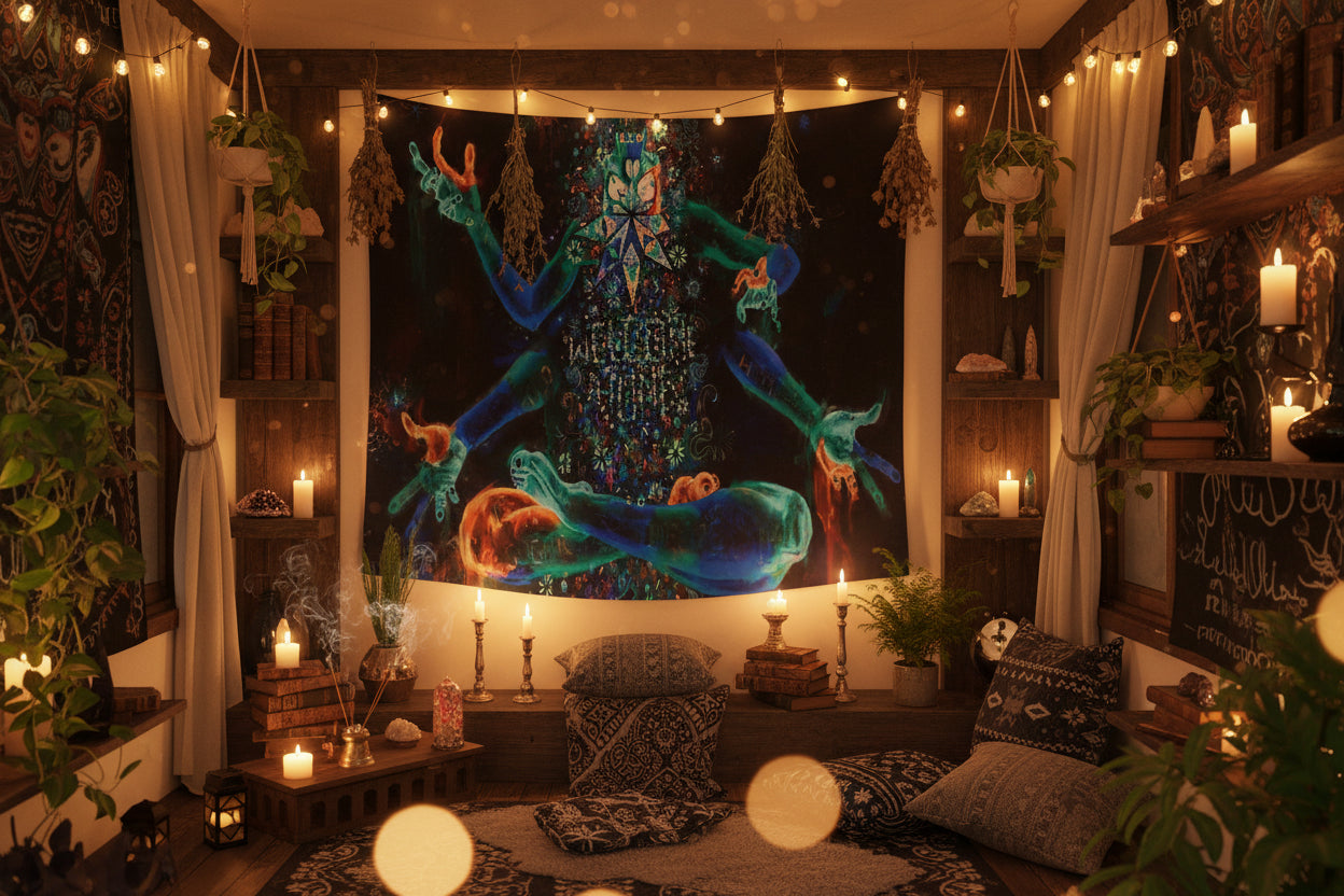 Colorful tapestry with a mystical figure design on a black background