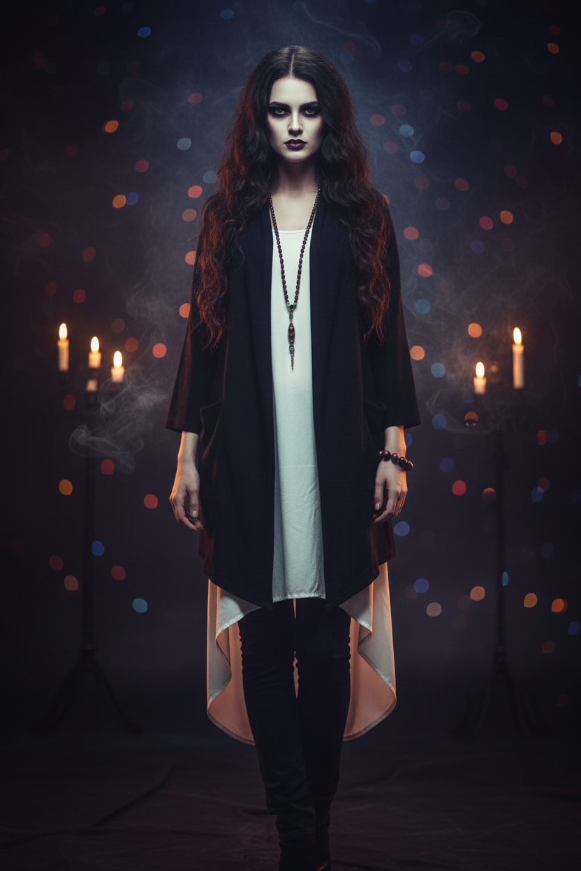 Person wearing a long black cardigan over a white shirt on a white background
