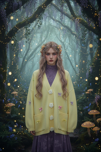 Yellow cardigan with floral and butterfly patterns worn by a person indoors.